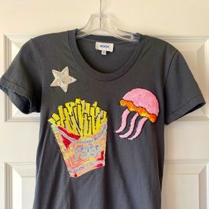 KOCH Sequin Tee with Fries, Jellyfish, and Silver Star. Size X-Small